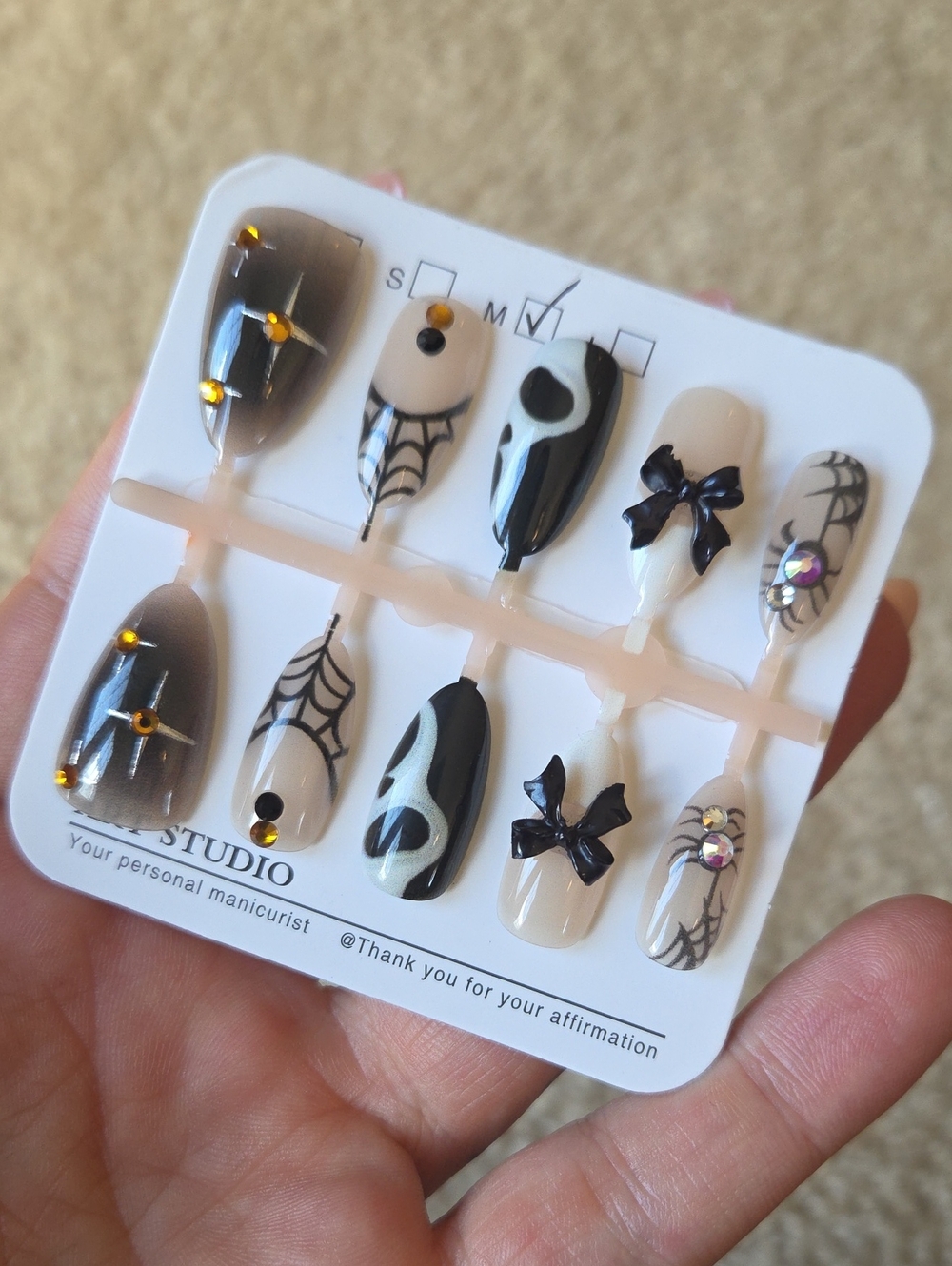 Hand-Painted Black & Cream Halloween Spider Web Press-On Nails